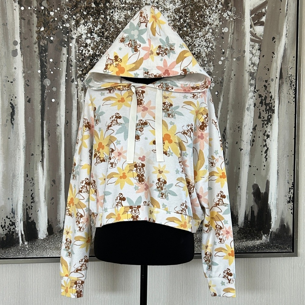 Disney Store Minnie Mouse‎ Ladies' Floral Cropped Hooded Sweatshirt - Size L